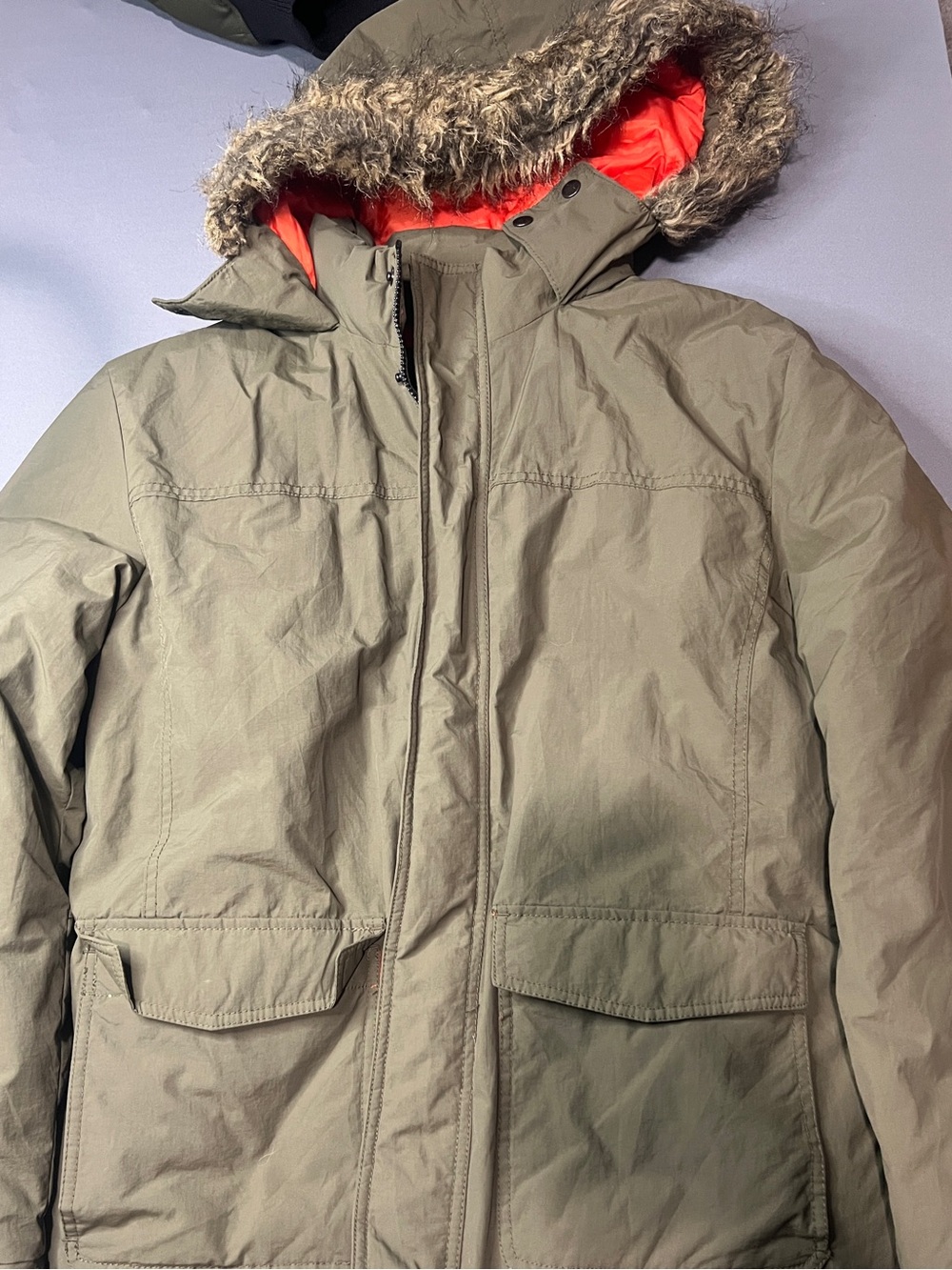 American Rag Olive Green Puffer Parka with Faux Fur Trim and Orange Lining